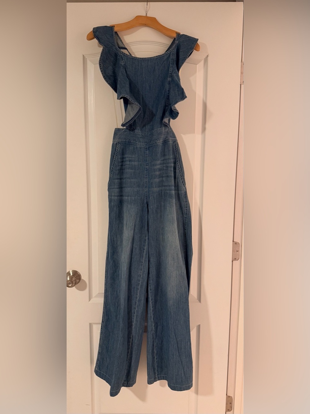 DO+BE Ruffle-Strap Wide-Leg Denim Jumpsuit in Medium Blue